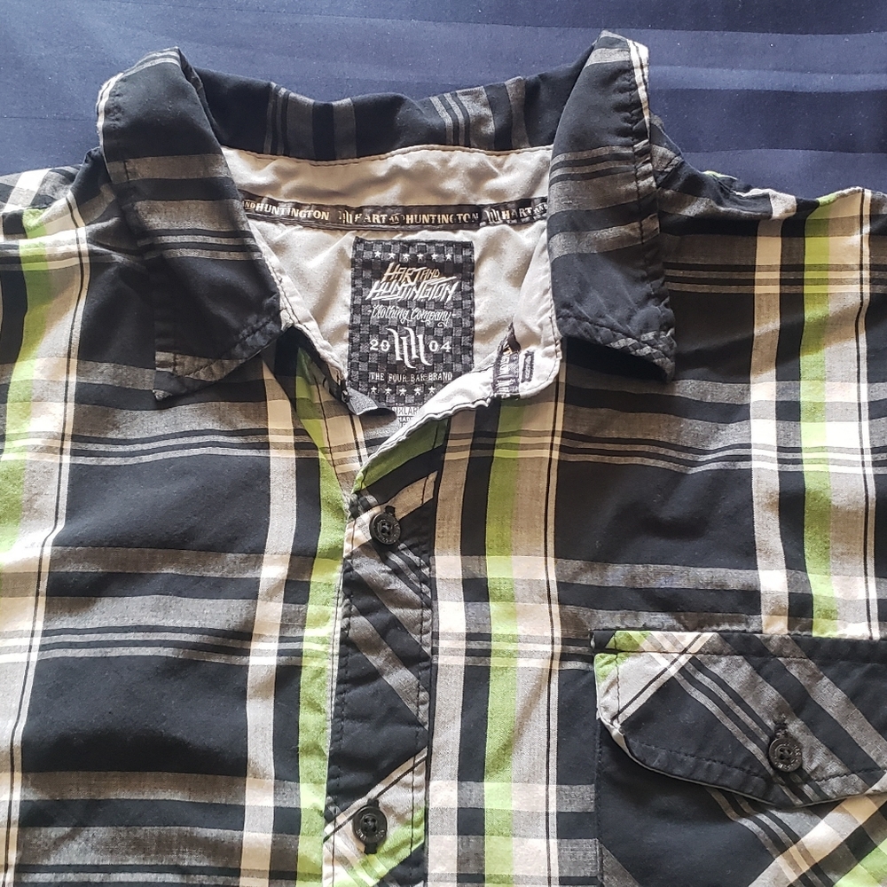 HART & HUNTINGTON short sleeve button down collared shirt XXL Men's green black